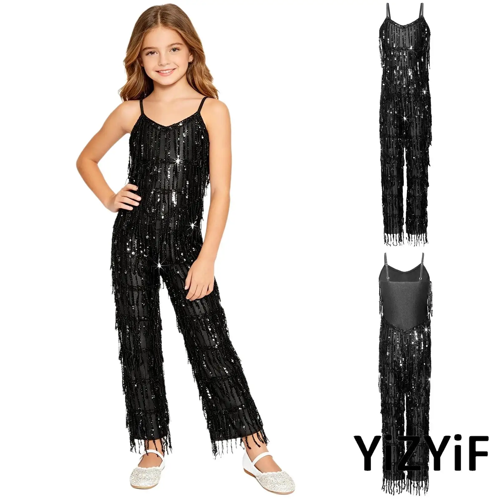 Kids Jazz Latin Dance Performance Jumpsuit Multi Layer Sequin Tassels Sleeveless Shiny Sequin Unitard Bodysuit for Disco Latin