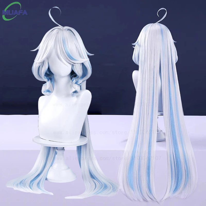 Really High Quality Fontaine Focalors Cosplay Wig Long Short Furina Wigs Blue White Curly Heat Resistant Hair Anime Wigs +WigCap image 3