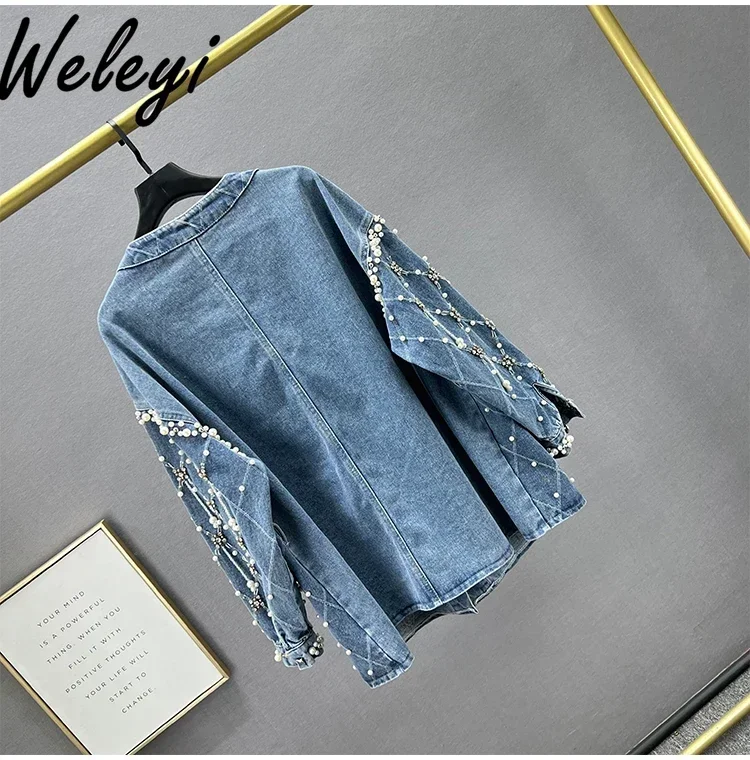 Crystals Rhinestones Jean Coat Women's Autumn Clothing Heavy Beaded Diamond Denim Jacket Women's Loose Mid-length Denim Coats