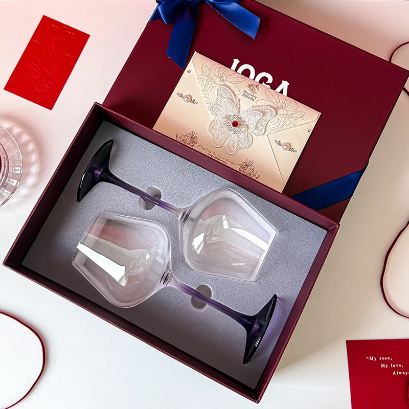 

JOGA Purple Handle Burgundy Wine Glasses Crystal Glass High Footed Set Home High End Gift Box Luxury