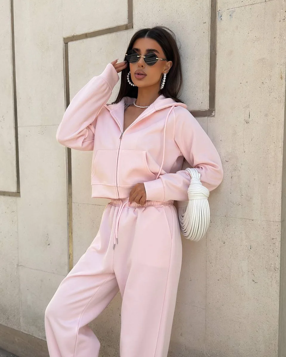 

Women's Solid Zipper Hooded Long Sleeves Top Sets Casual Straight Wide Leg Long Pants Suit 2026 New Autumn Office Commute Outfit