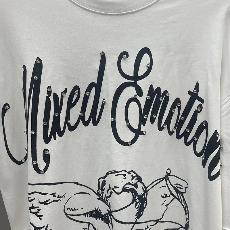 

Футболка с надписью Flash Diamond Letters Logo MIXED EMOTION и двойными рукавами для мужчин и женщин, пара, унисекс, черно-белая футболка с принтом ангела, верхняя бирка