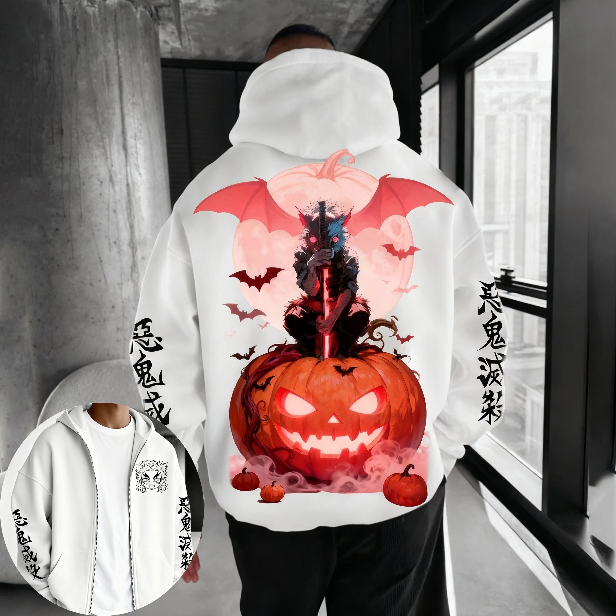 Demon Slayer Halloween-Kapuzenpullover mit Reißverschluss, 2025, Herren-Herbst/Winter, neuer Anime-Charakter, Horror-gedruckt, Hip-Hop, vielseitiges Pullover-Oberteil