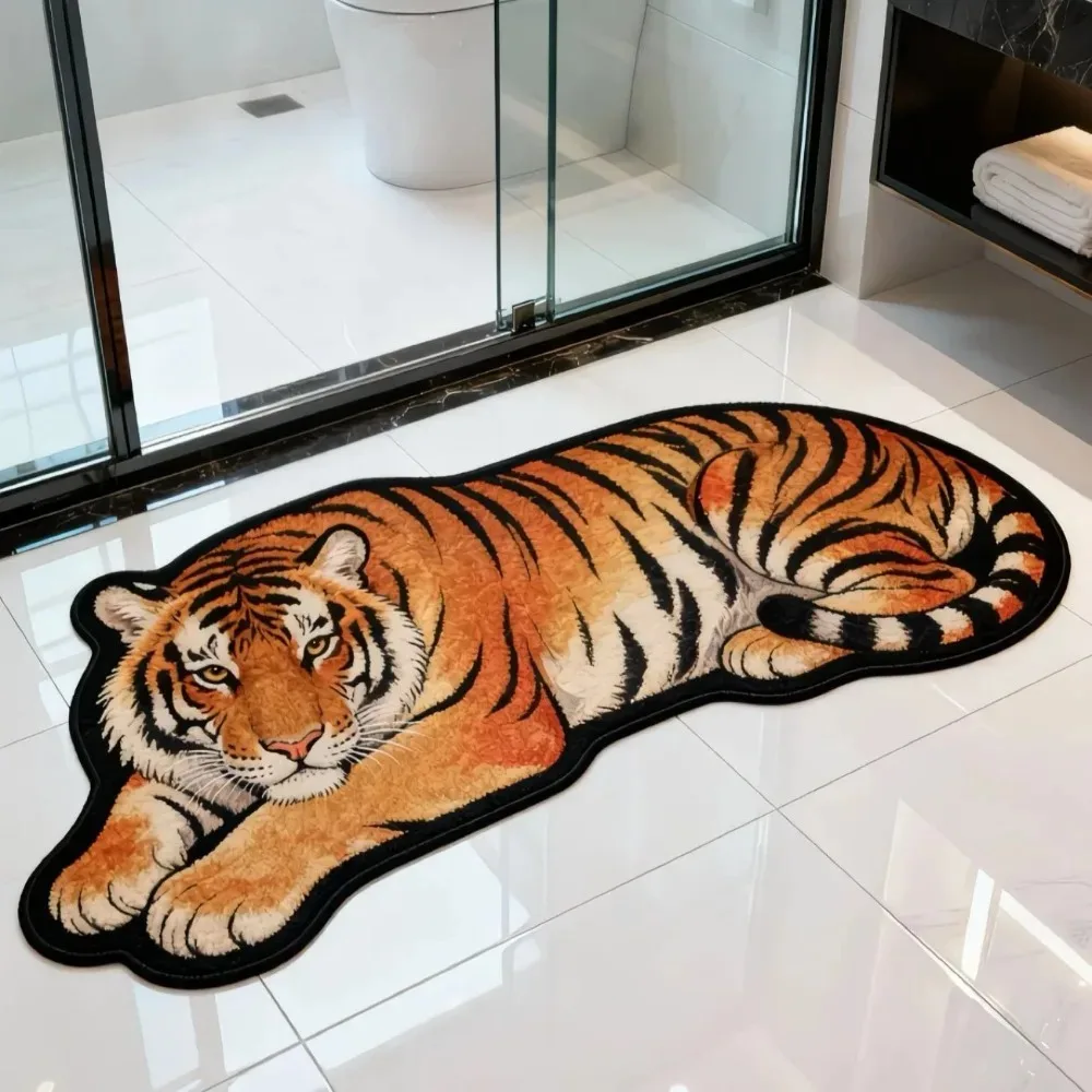 Tapis antidérapant VIKAMA 2D Tiger - Tapis de porte de salle de bain - Tapis d'entrée doux et confortable - Décoration de la maison