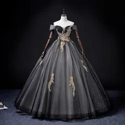 Sonder Elegant Black Fitted Quinceanera Dresses Off The Shoulder Golden 3d Floral Appliqué Ball Gown For Coming-of-age Ceremony