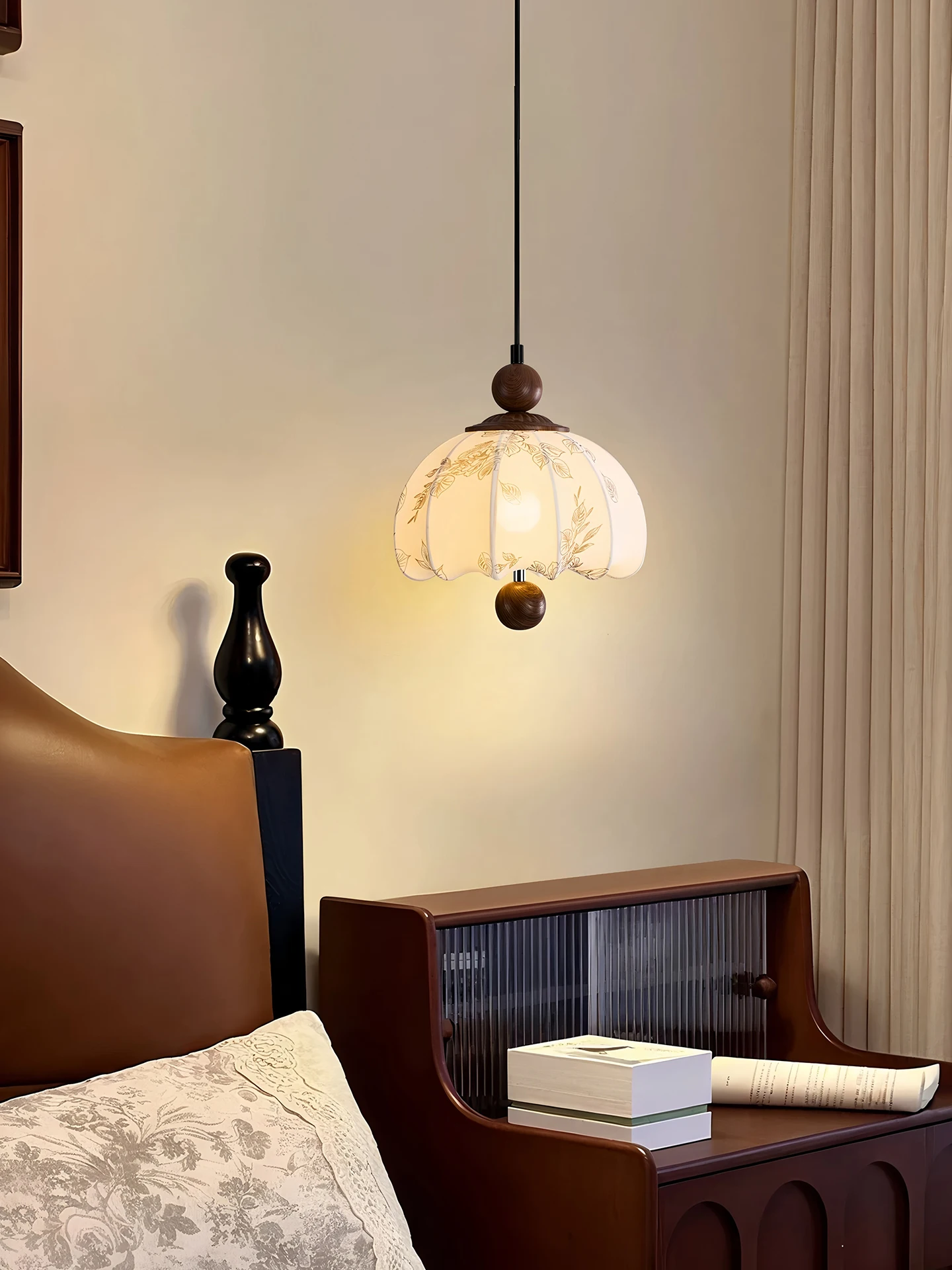 Vintage Walnut Wood Grain Pendant Light for Bedroom Bedside Dining Room Bar Study Japanese French Style Mid Century Modern