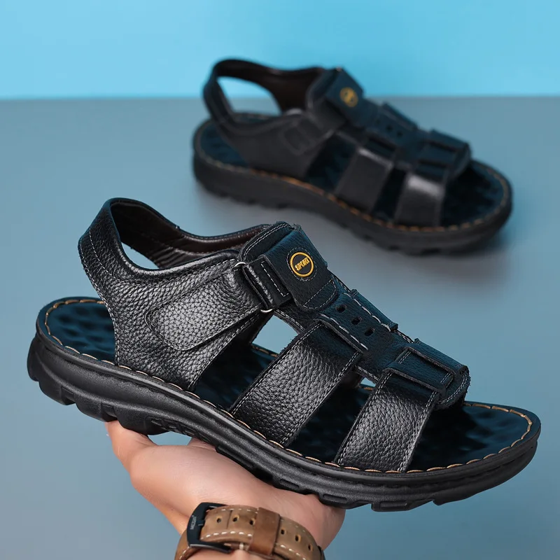 New Men's Sandals Genuine Leather Sandal Outdoor Casual Sandals Non Slip Beach Shoes for Men Driving Big Size