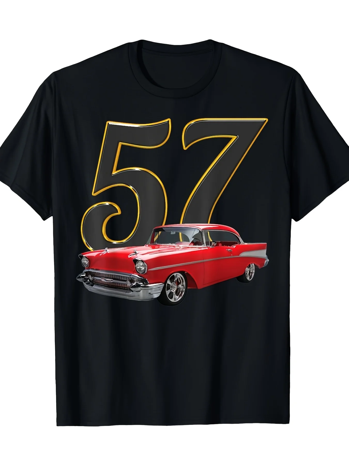 Men's Vintage Red Car & Holiday Shoppers Streetwear Fashion Cartoon Print Breathable Material Round Neck Top Holiday Shoppers, Machine Washable, Ideal for Casual SportWear