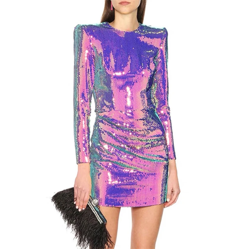 

Women's Sequined Long-sleeved Dress, Round Neck, Dazzling, Sparkling, Temperament, Stage, Banquet, Y2K, Spring, New, 2021