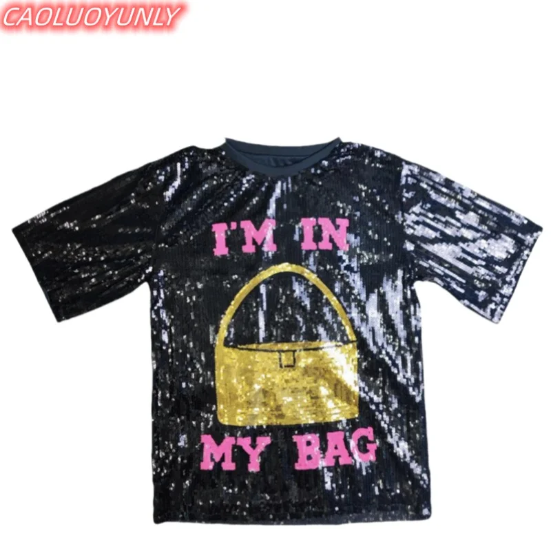 

Summer High Quality Streetwear Sequins Letter Geometric Short Sleeve Hip Hop Round Neck Straight Loose Night Club Women' Wears