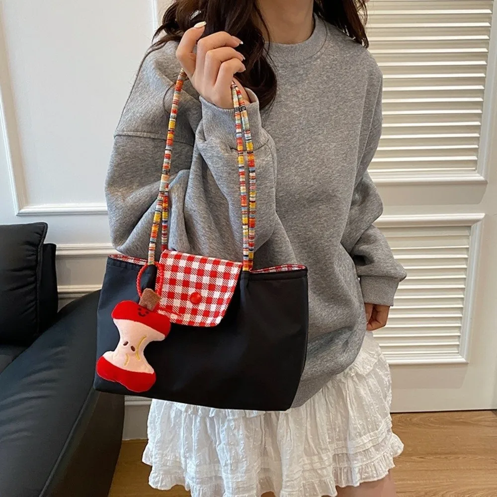 

Casual Nylon Plaid Shoulder Bag Square with Pendant Canvas Handbag Hasp Large Capacity Tote Bag Women