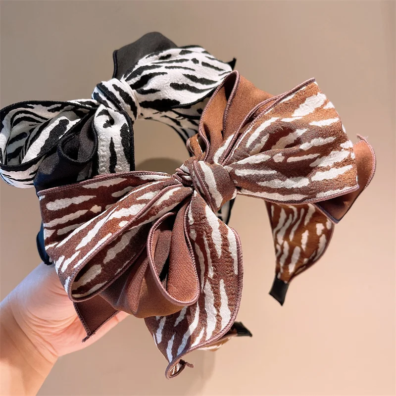 Popular Zebra Print Cloth Knotted Hairbands for Women Daily Shopping Holiday Travel Headbands Ins Big Bowknot Head Hoop for Her