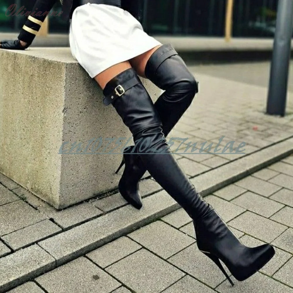 

Black Buckle Strap Low Platform Thigh High Boots Pointy Matte Leather Stilettos Stiletto High Heel Sexy Women Shoes Para Mujere
