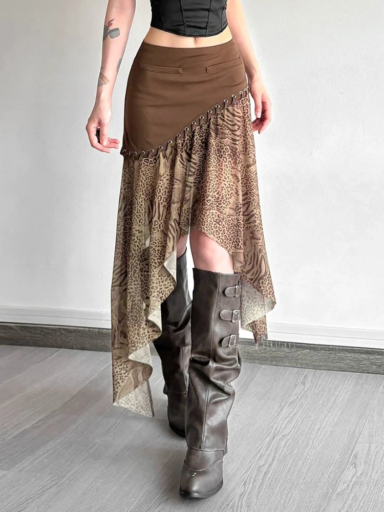 Midi Skirt Vintage Artistic Ethnic Color Block Patchwork High Waist Unique Irregular Slimming Elegant Flattering Chic Dress