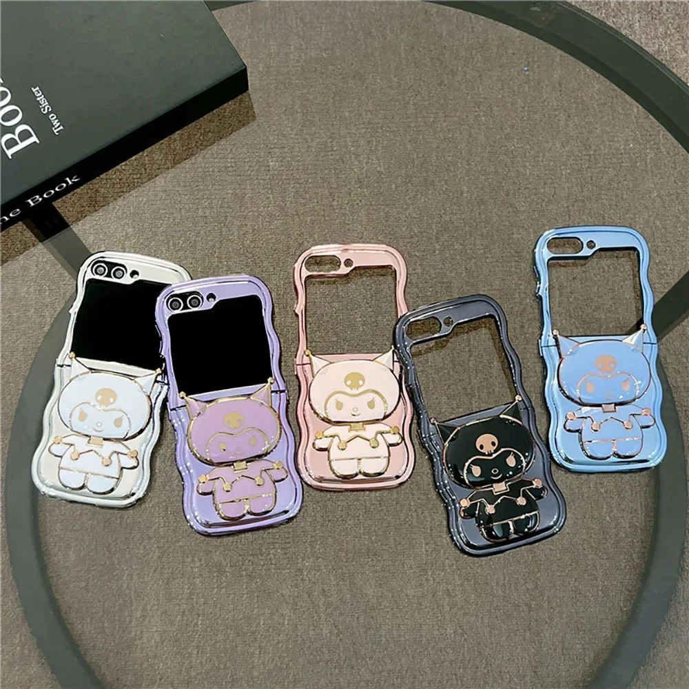 

Cartoon Kuromi With Stand Phone Case for Samsung Galaxy Z Flip 3 4 5 Z Flip 6 5G PC Hard Anti-fall Back Cover Anti-fall