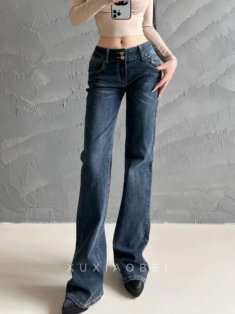Spicy Girl's Low Waist Slightly Flared Pants Denim Pants Straight Leg Pants Fashion Women Jeans 2024 New Sweet Pants 3JO0
