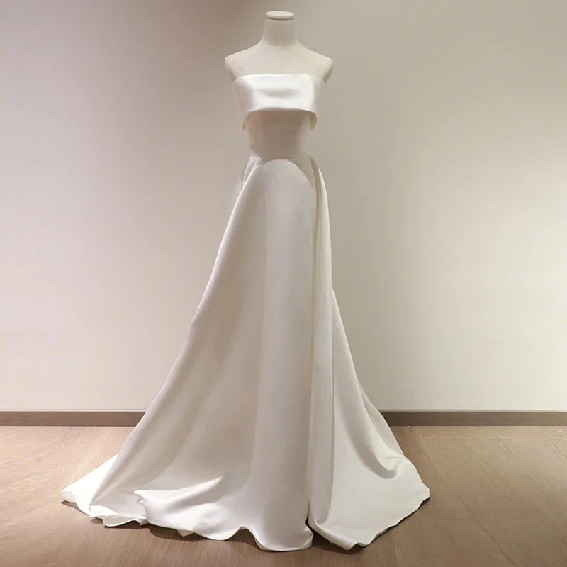

Simple Satin Strapless Wedding Dress Travel Photography Bridal Gown New Bride Grooming Entrance Curtain High Waist Mesh Fabric