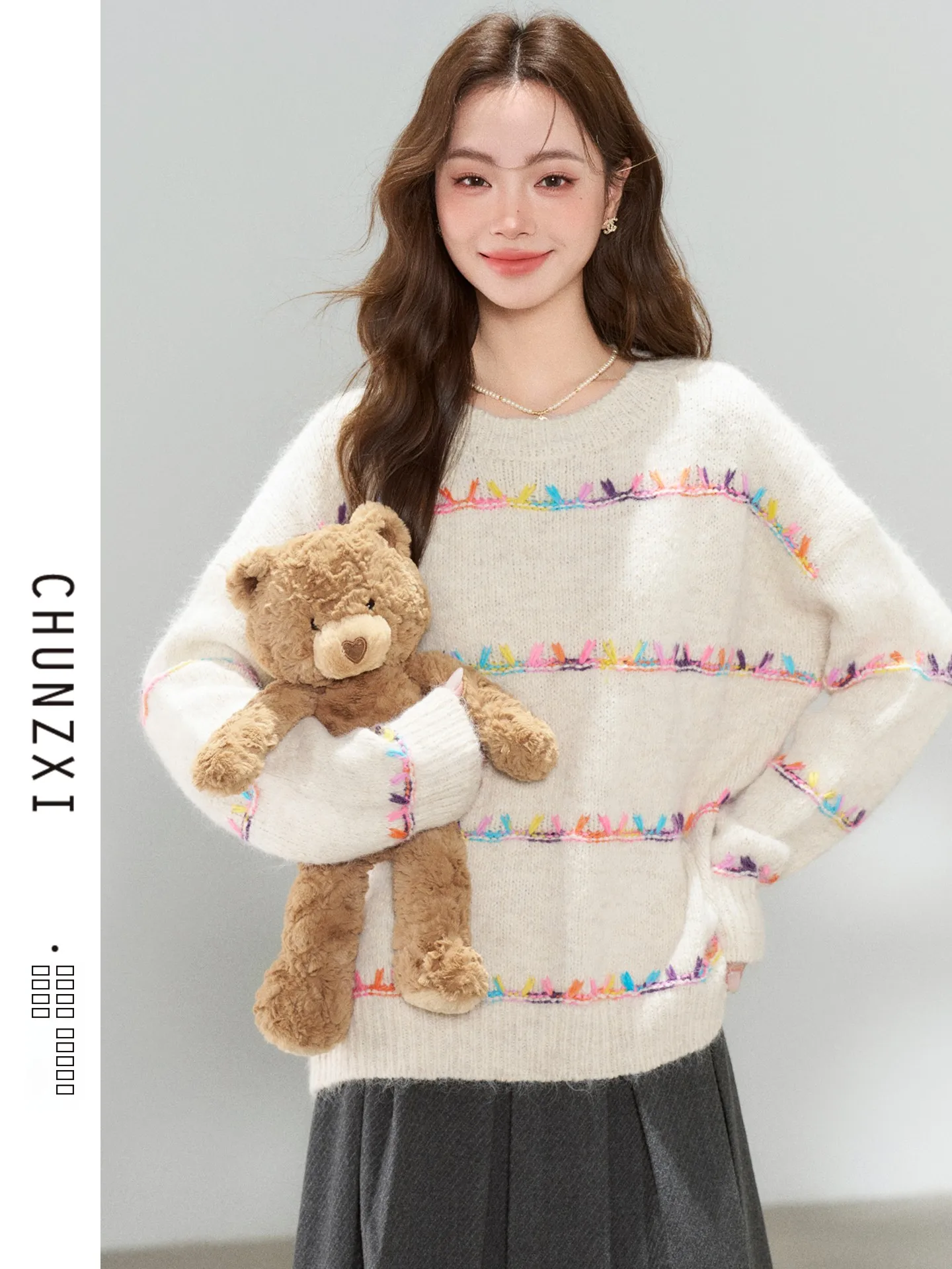 

Spring Joy Design Striped Sweater Women's Autumn Winter High-End round Ne Knitted Top Sweet Sle Loose Fit Soft Mate...