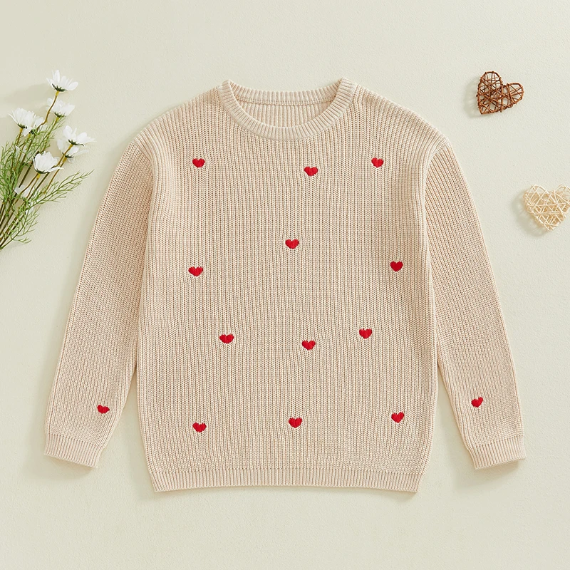 Lamuusaa Mommy and Me Matching Sweater Valentines Day Clothes Heart Pattern Long Sleeve Round Neck Knitted Tops Fashion Knitwear