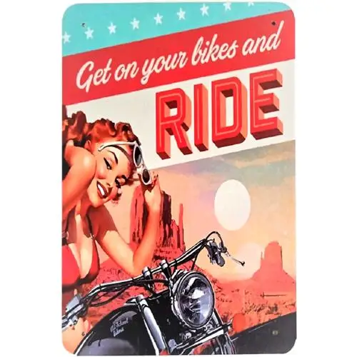Vintage Style Biker Babe Metal Sign ; (Reprint) Get On Your Bikes And Ride!