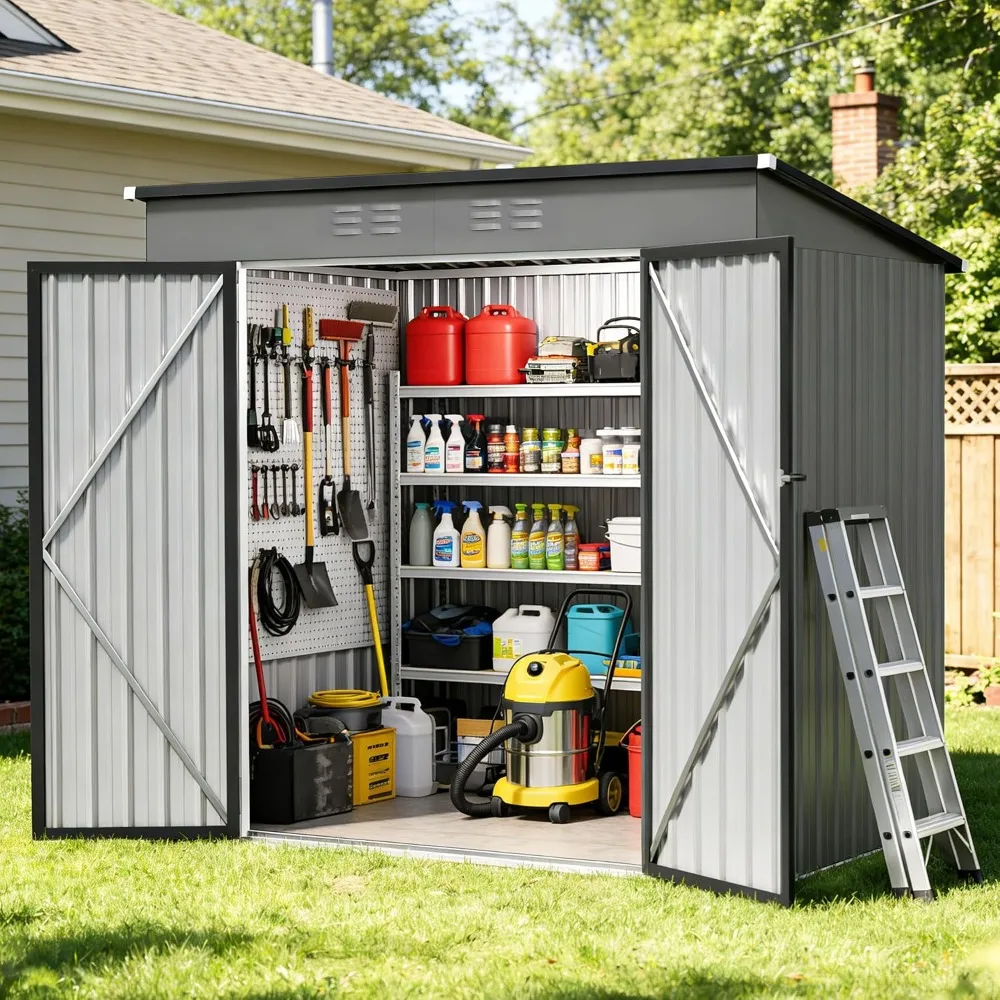 6x4 FT Metal Storage Shed, Sloping Roof, Lockable Door, Outdoor Garden Patio Lawn Shed, Grey