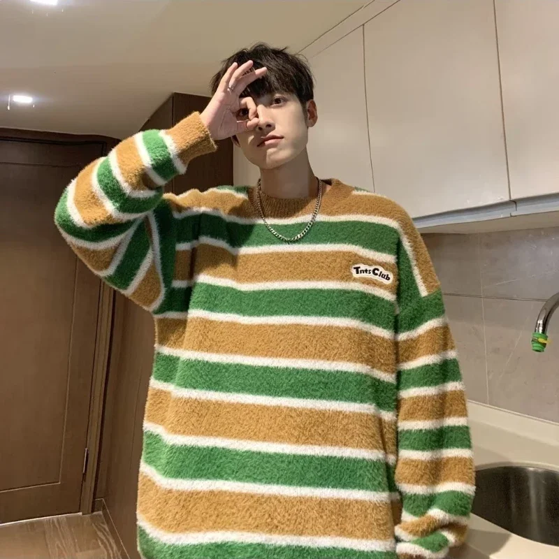 

Свитера мужские контрастного цвета осенние американские ретро мешковатые расширенные универсальные модные полосатые мужские трикотажные молодежные популярные повседневные