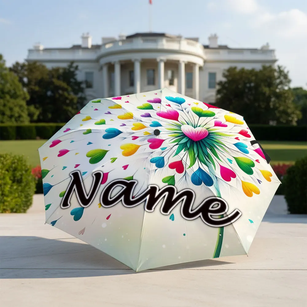 Custom Name Umbrella Colorful Heart‑Shaped Dandelion Print Folding Umbrella Compact Portable Travel Parasol Romantic Floral Art