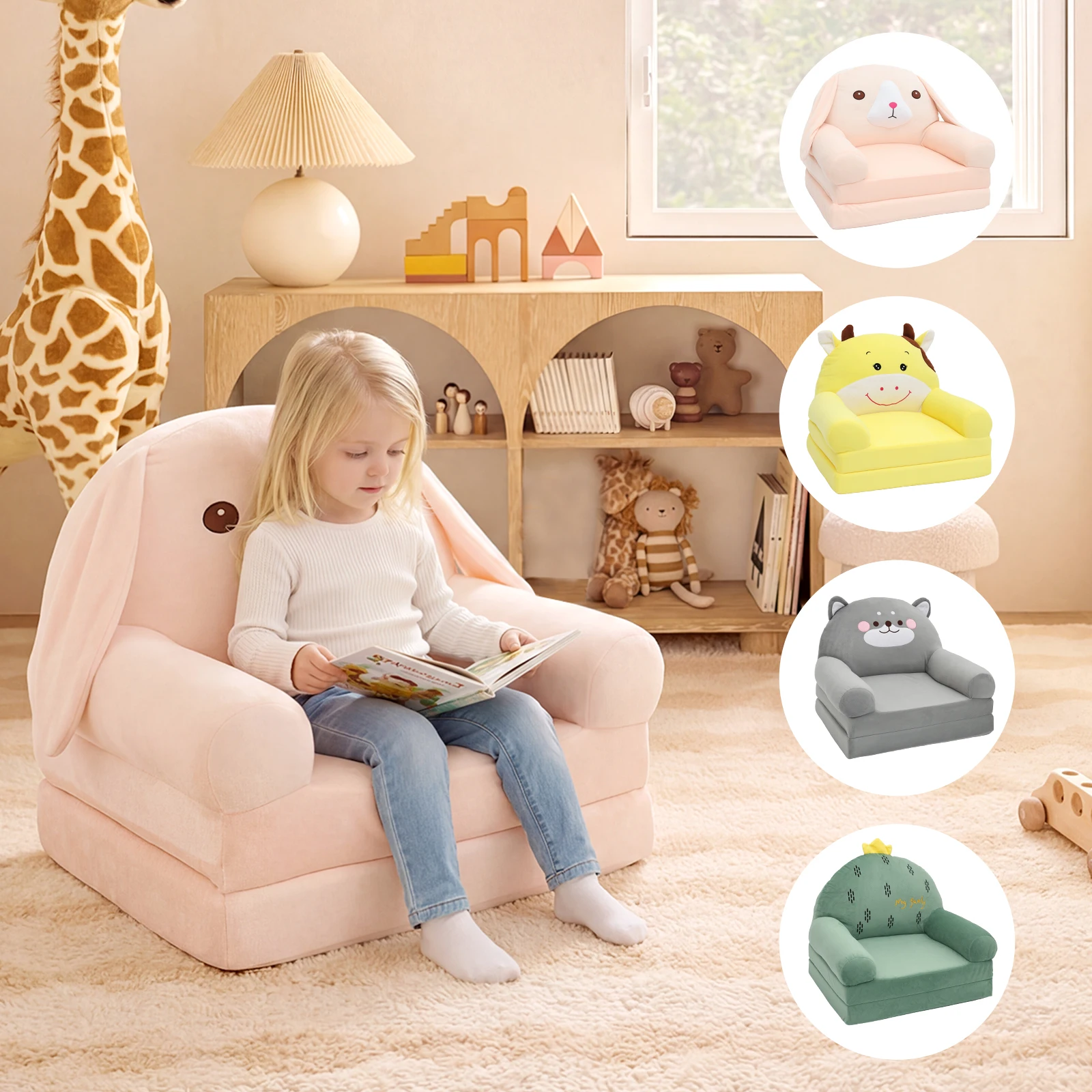 Plush Foldable Kids Sofa Comfortable Kids Sofa Bed 2 In 1 Lightweight Baby Lounge Chair Portable Couch for 1 to 4 Years Old