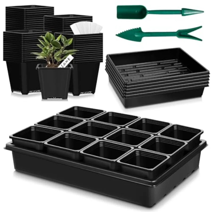 Kit de 5 Bandejas de Germinación de Semillas de 3.5 Pulgadas (9 cm) con 60 Macetas de Vivero, Bandejas Cuadradas Reforzadas para Plantas