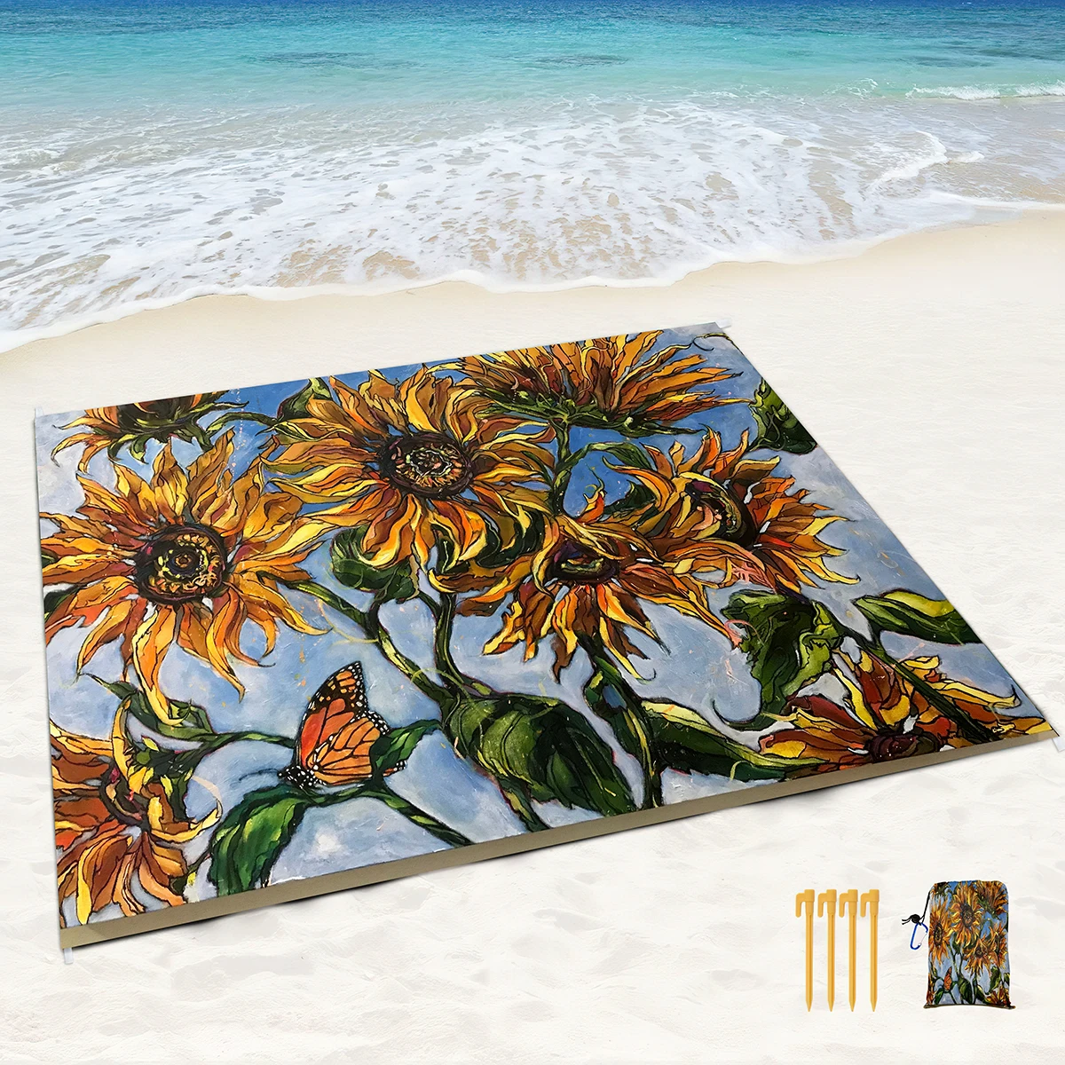 Waterproof Beach Mat Foldable Camping Blanket Oil Painting Sunflower Picnic Blanket with 4 Corner Sand Pockets for Travel Hiking