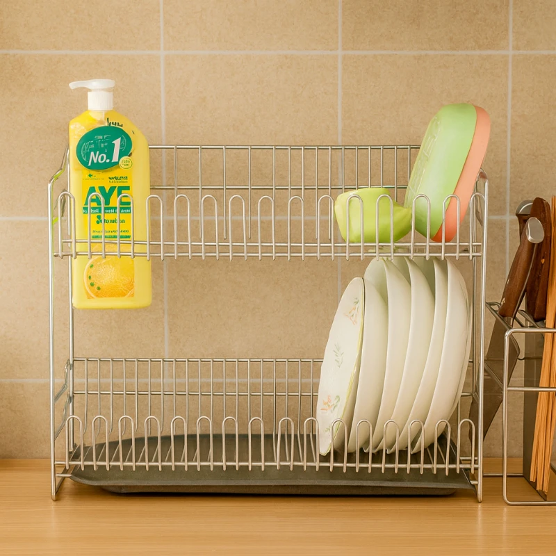 

Rustic Farmhouse Wooden Dish Rack Double-Tier Organizer Cozy Kitchen Storage for Bowls & Mugs Warm Countertop Stand
