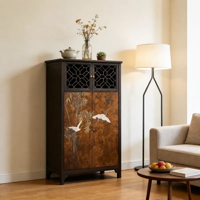 Song Style Aesthetics New Chinese Solid Wood Hollow Wardrobe Retro Painted Bamboo Crane Picture Storage Cabinet Household