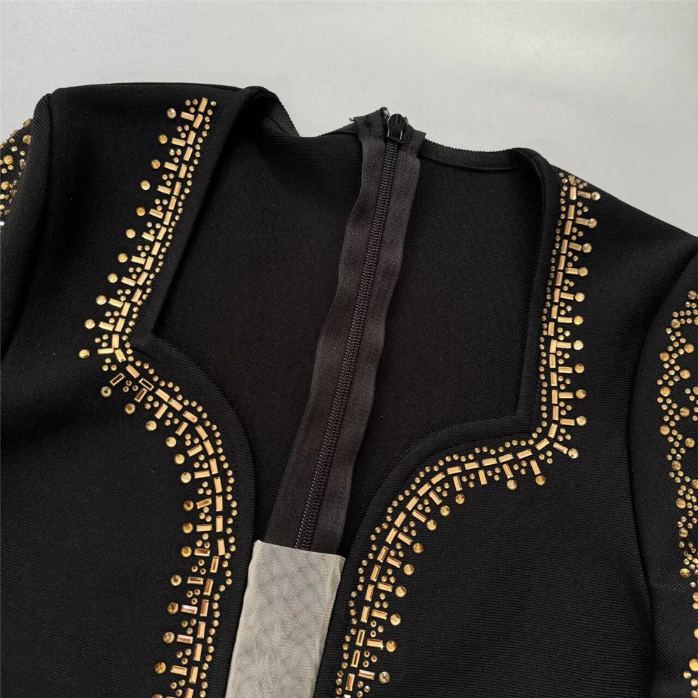 Women Elegant Beading Bandage Dress Sexy Mesh Patchwork Clothes Club Celebrity Party Long Dress