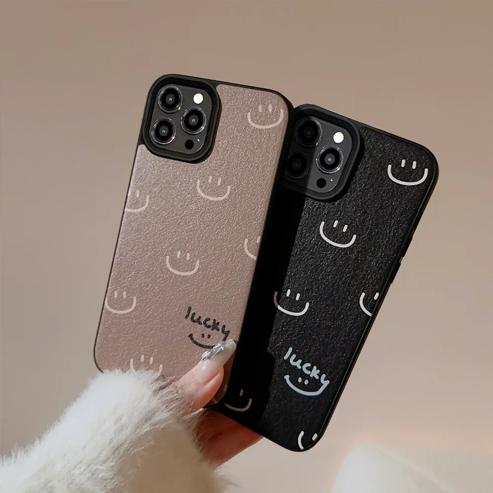 For iPhone 11 12 13 Mini 15 Pro Max Personality Simple Retro Smiley Face Skin Striae Anti-fall Hard Shell 14 Plus Leather Case