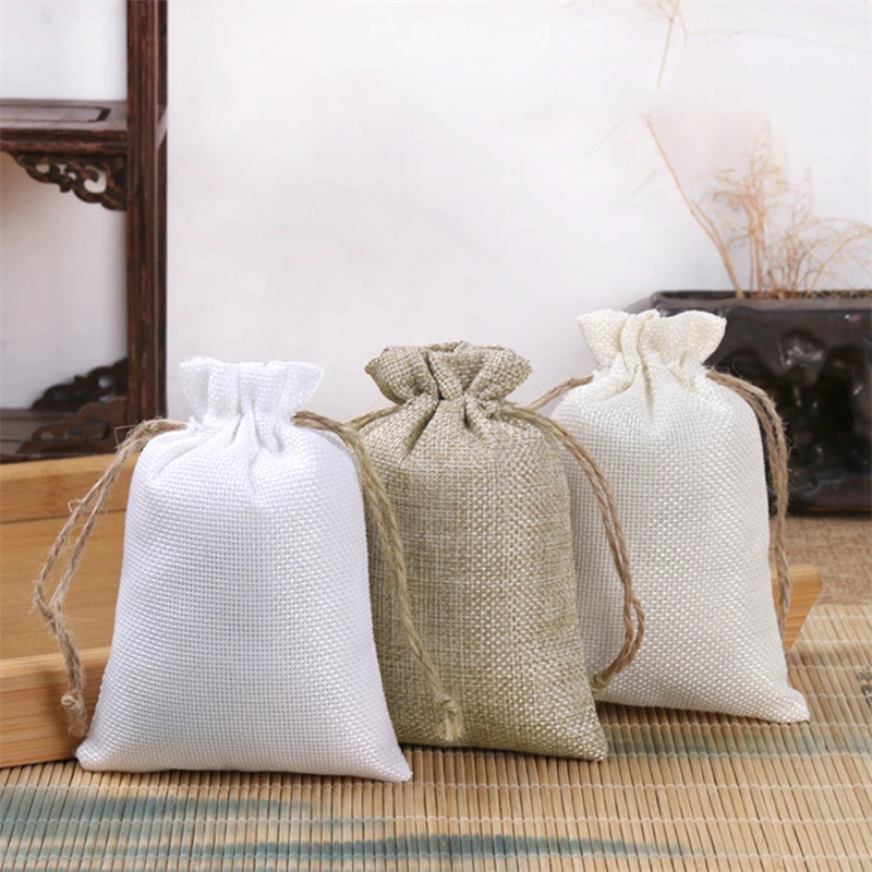 10Pcs Natural Linen Burlap Bags Heart Jute Drawstring Candy Gifts Packaging Bags For Wedding Birthday Party Decor Jewelry Pouch