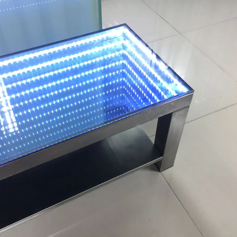 

New modern design 3D abyss-inspired led glowing coffee table tempered glass led infinity mirror stainless steel bar table