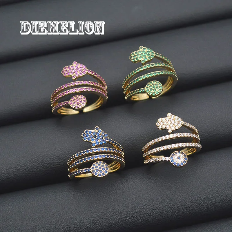 Luxury Gold Color Evil Eye Blue Eye Hamsa Hand Fatima Hand Adjustable Female Rings Open Size Three Layer CZ Ring Wedding Jewelry