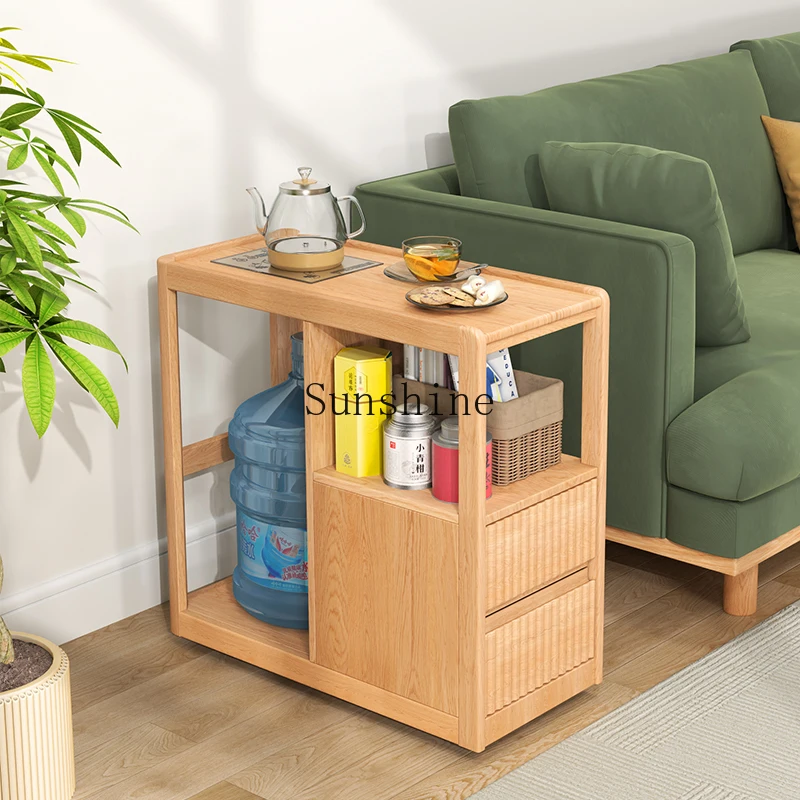 Solid wood small tea table, sofa side cabinet, living room mobile with wheels, water heater integrated