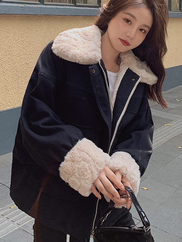 

Winter Cotton Coat Women Korean Fashion Preppy Style Oversized Parkas Female Casual Warm Thicken Lambwool Zipper Fleece Jacket