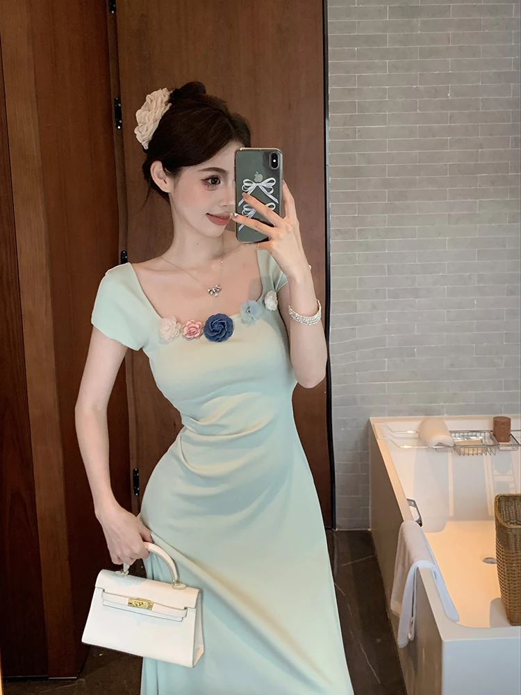 Women Mint Mambo Style Short Sleeved Dress Women's Summer 2024 New Korean Chic Waist Slimming A line Long Dresses