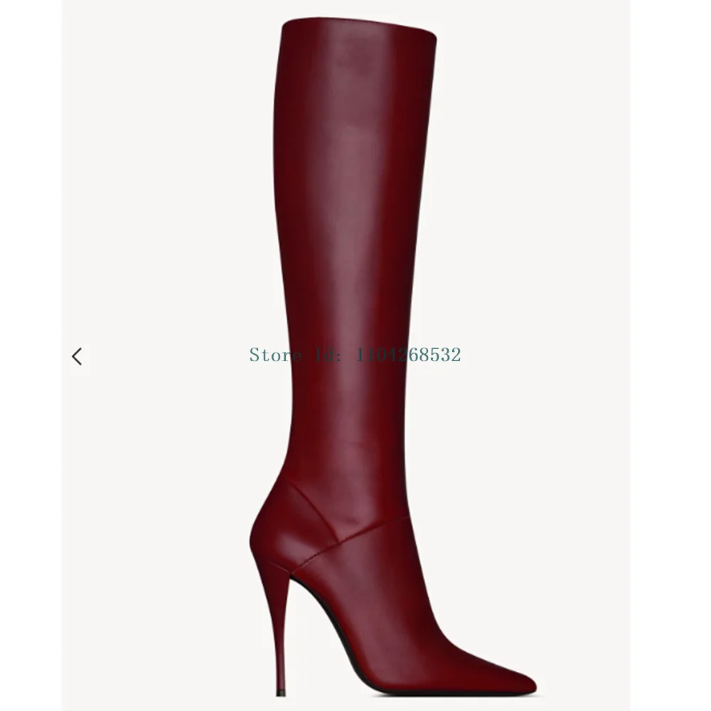 Burgundy  Matte Leather Knee High Boots Sexy Pointed Toe Stiletto Handmade New Arrivals Fashion Women Modern Boots