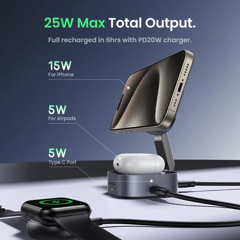 UGREEN Магнитная беспроводная зарядная станция 15W для iPhone и AirPods — фото устройства