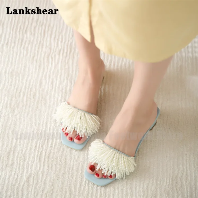 Pearl Mules Slippers Open Toe Flat Shoes Summer Sexy Pearls Beaded Slides Beach Slippers Women Shoes Sandalias De Mujer Verano