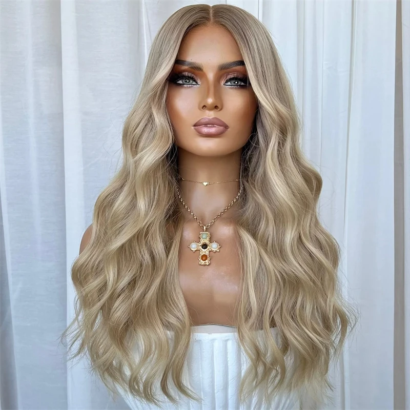 

Small Large Size Cap 13x4 Ombre Ash Blonde Synthetic HD Lace Front Wig Blend Human Hair Glueless Wig Soft Natural Body Wave Wig