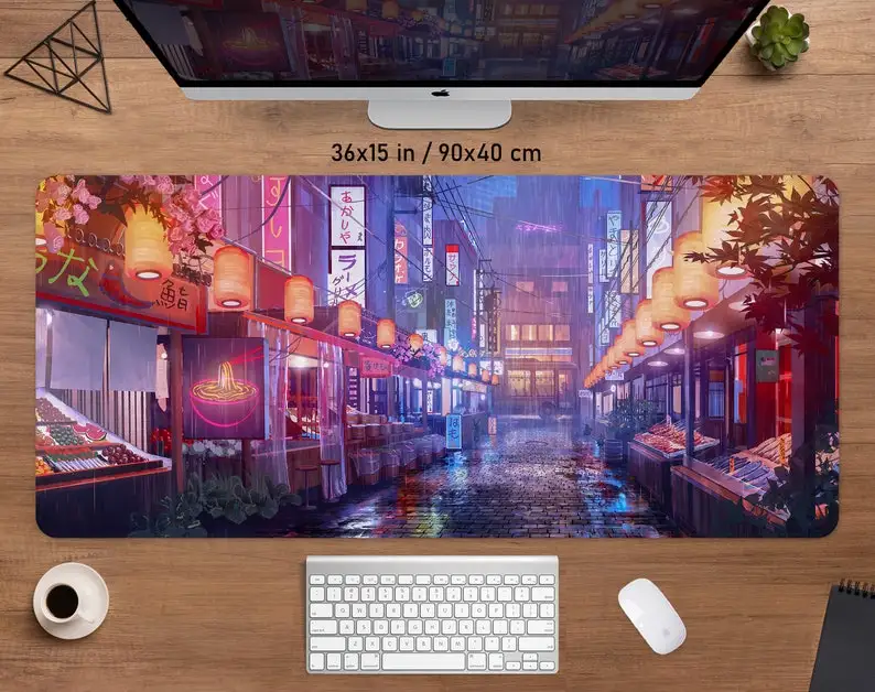 

Anime Desk Mats Gaming Mouse Pad, Japanese Style, Tokyo Rainy Night Street with Ramen Neon Sign Aesthetics,XXL Gaming Desk Mat