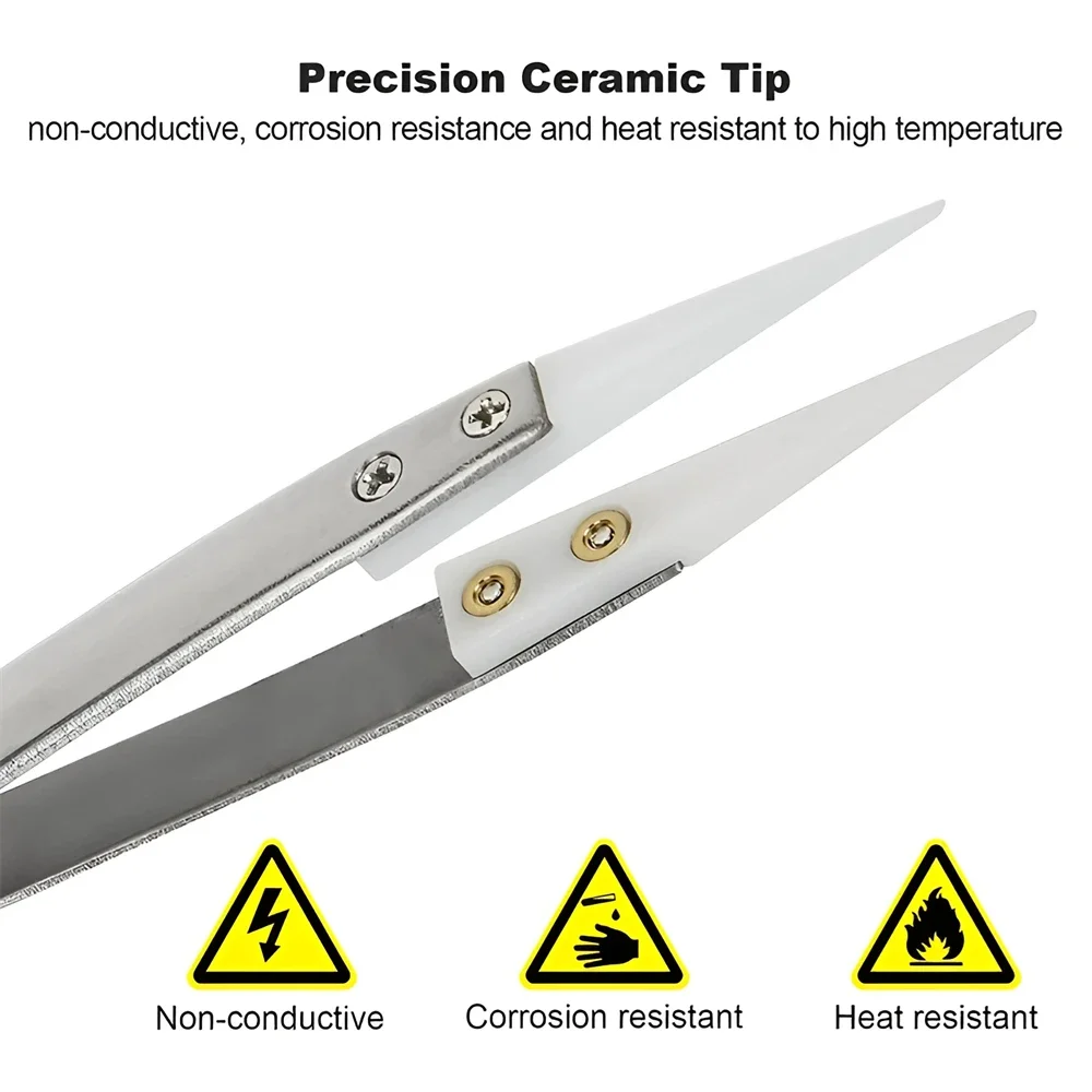 1/3pcs Ceramic Straight Tip Electronic Soldering Tweezers, Anti-Static Reverse Acid Resistant Precision Chuck Ceramic Tweezers