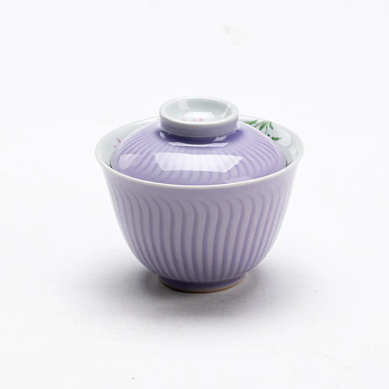 Hibiscus Purple Hand-painted Gaiwan Underglaze Color Magnolia Handheld Household Ceramic Striped Tea Bowl