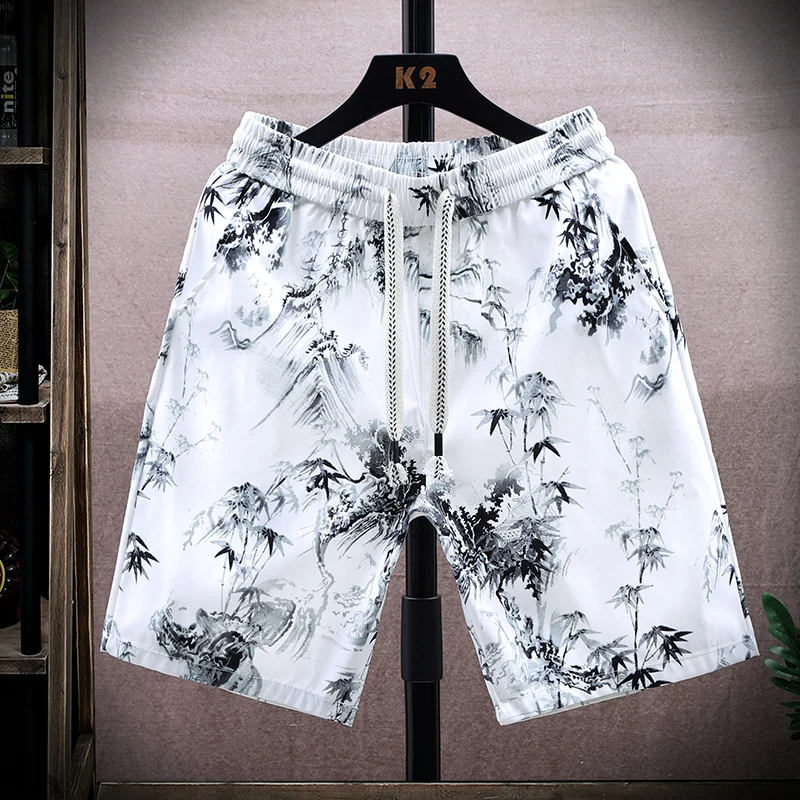 

Casual Bamboo Print Men's orts Summer Trendy Loose Straight Cut Five-Quarter Length Beach Pants Breathable Polyester Fiber