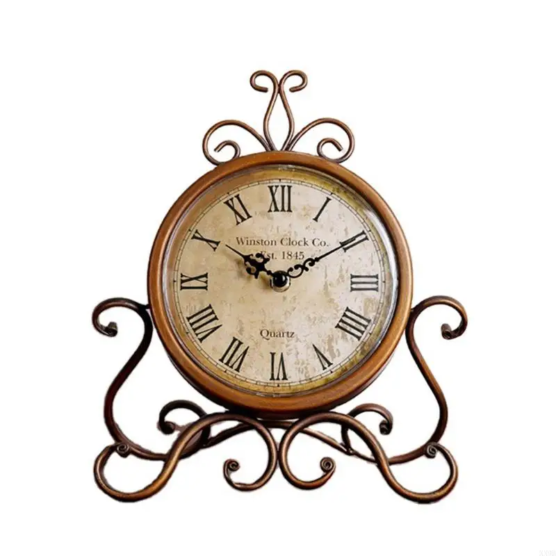 

XX9B Vintage Retro Iron Ornament Battery Operated Silent Table Clock Home Bedroom Living Room Office Decor