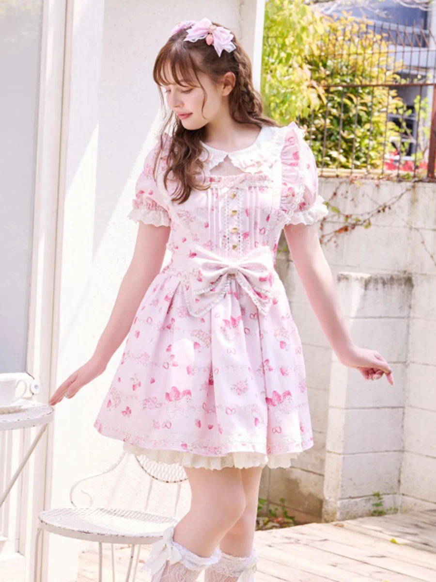 

Японское милое кремовое платье с ягодами, женское весенне-осеннее кавайное цельное мини-платье Лолиты с короткими рукавами, милые милые наряды 2026